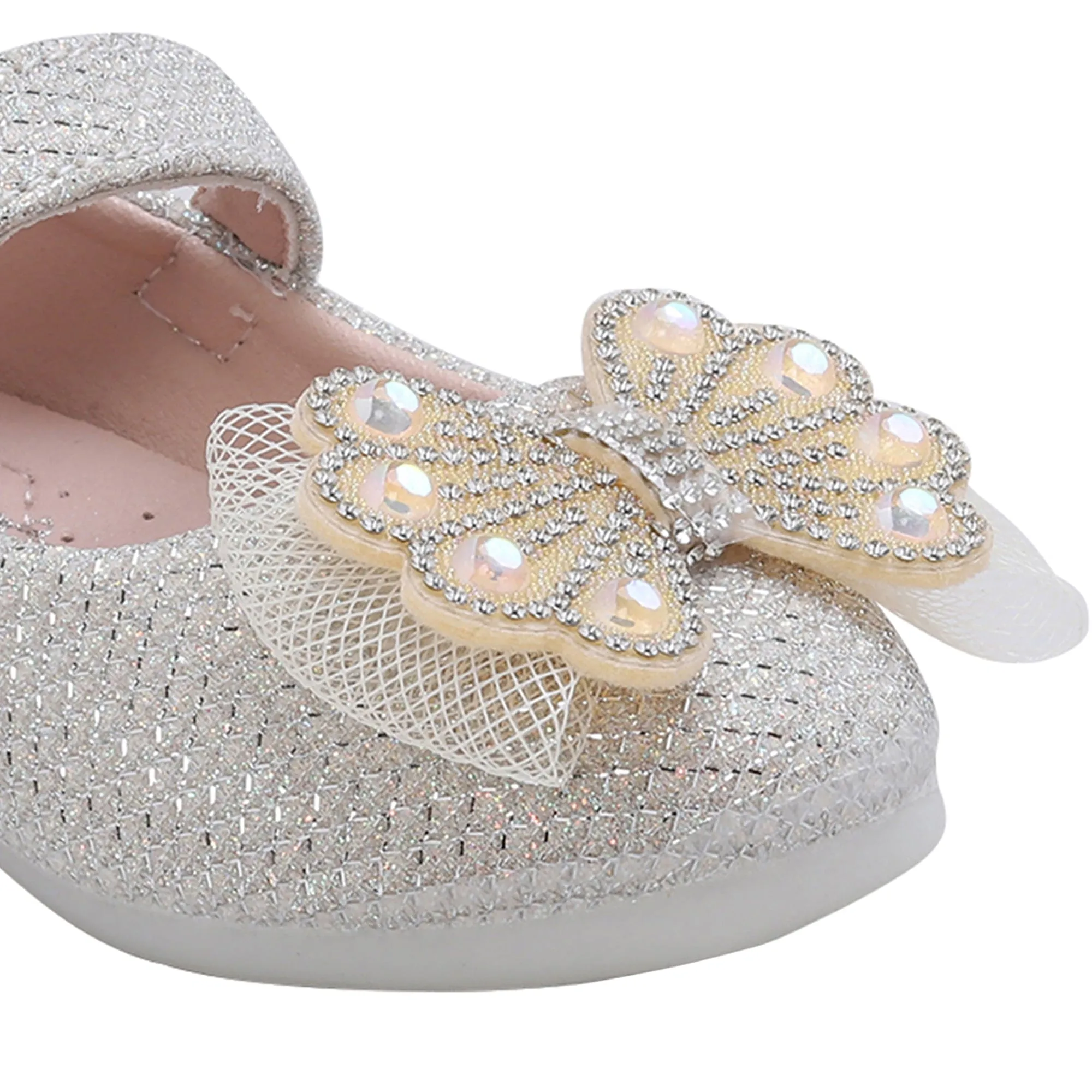 Baby Moo Glittery Butterfly Bow Mary Jane Velcro Strap Anti-Skid Ballerina Shoes - Gold