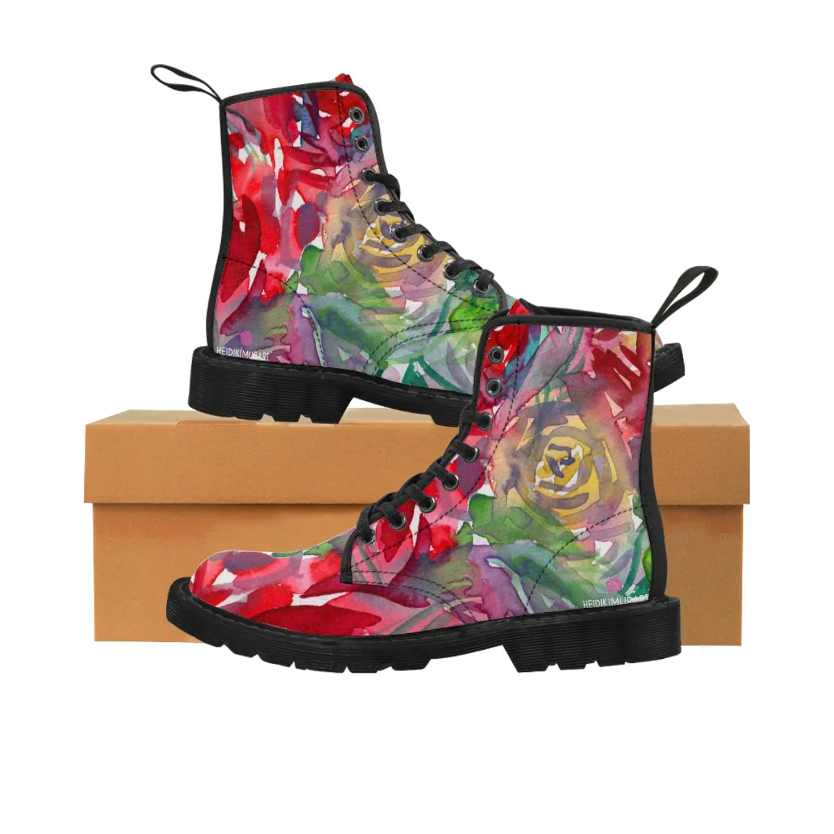 Red Floral Women's Boots, Floral Print Laced Up Designer Women's Boots, Best Winter Boots For Women