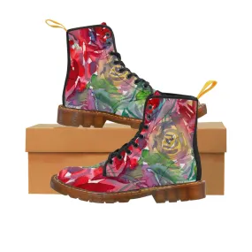 Red Floral Women's Boots, Floral Print Laced Up Designer Women's Boots, Best Winter Boots For Women